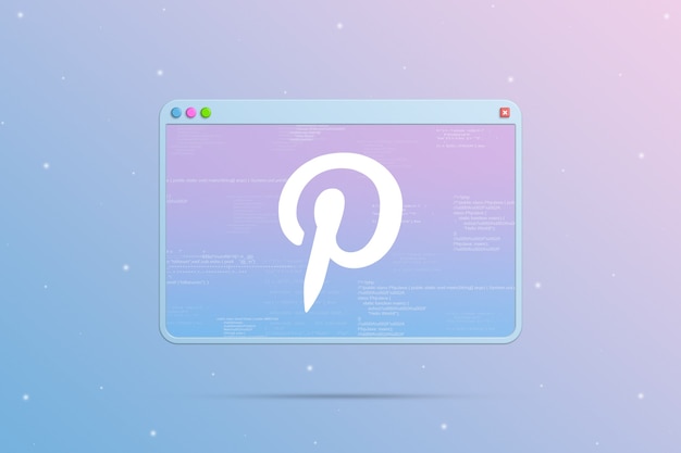 Pinterest-Logo-Symbol im Browserfenster mit Elementen des Programmcodes 3d