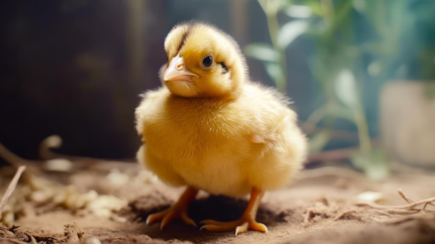 Pintinho amarelo pequeno em pé no chão de terra ao lado da planta Generative AI