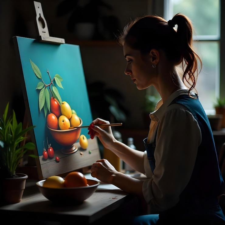 Foto pintor creando una obra de arte de naturaleza muerta fruitbowl en un estudio casero
