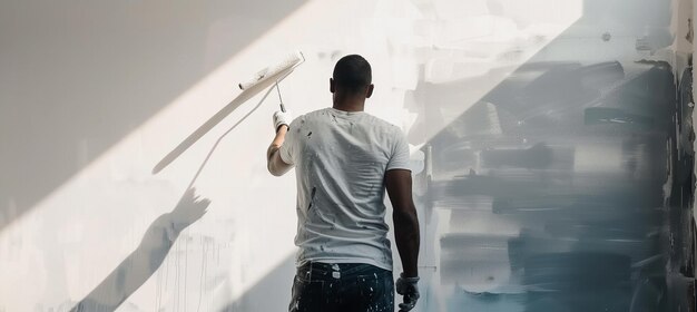 Foto pintor de casa profissional renovando a parede com espaço de cópia de pintura branca