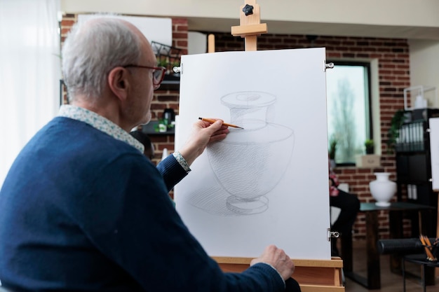 Pintor de homem sênior desenhando modelo de vaso em tela de pintura usando técnica de desenho durante a aula de arte no estúdio de criatividade. Equipe diversificada participando de aula criativa desenvolvendo habilidade artística