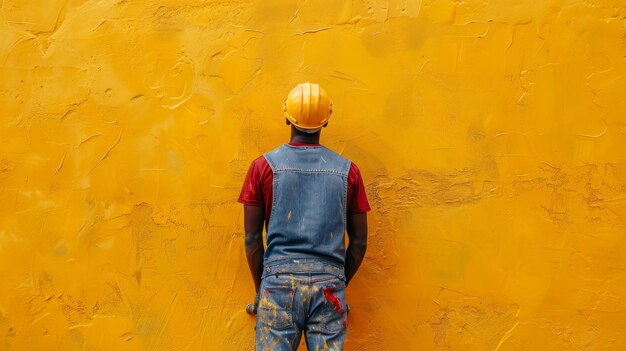 Foto pintor de pincel de rolo pintando na parede da superfície do apartamento renovando com tinta de cor amarela deixe espaço branco ao lado para escrever texto descritivo