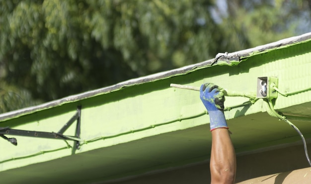 Pintor homem no trabalho pintura de parede cor verde conceito ecológico