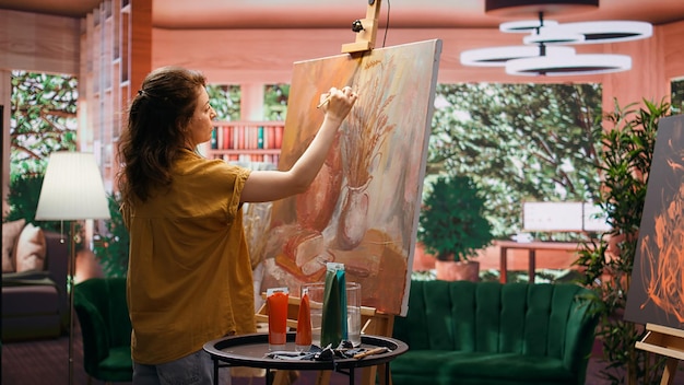Pintor inspirado trabalha em uma tela para criar uma obra-prima na oficina