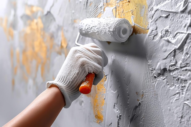 pintor de mano con pinturas de rodillos pintura de pared blanca