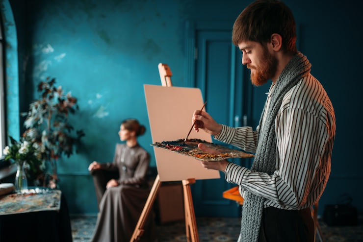 Foto pintor masculino con paleta y pincel en mano pinta el retrato de la mujer en el caballete.