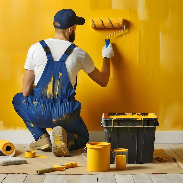 Un pintor profesional en mono aplicando pintura amarilla brillante en una pared interior