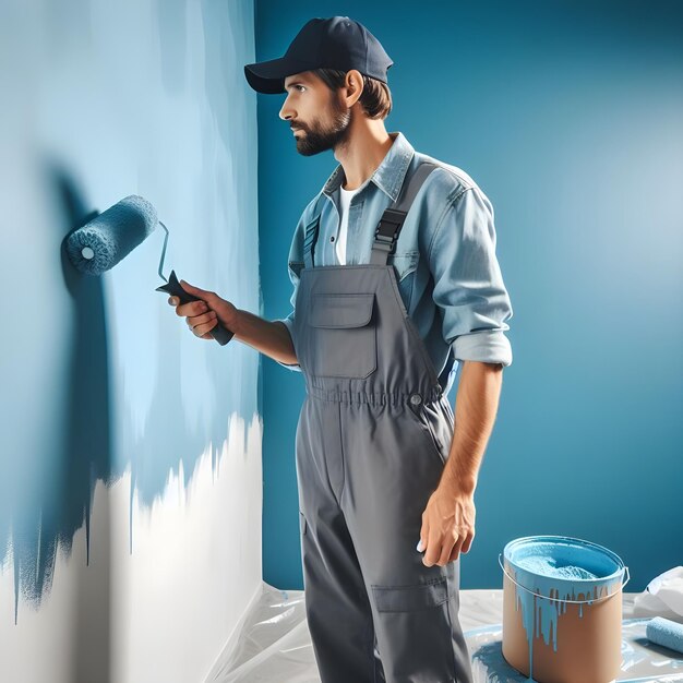 Foto un pintor profesional en mono aplicando pintura azul brillante en una pared interior