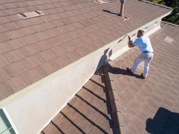 Pintor profissional usando um pincel para pintar a fascia da casa