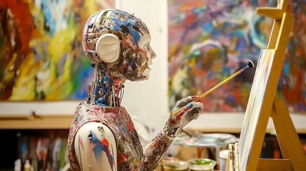 Foto un pintor robot creativo dibuja una imagen colorida en un lienzo