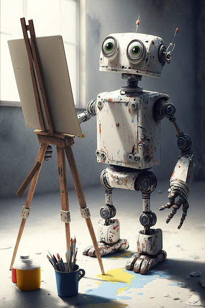 Pintor robot pintando cuadro en estudio de artista IA generativa