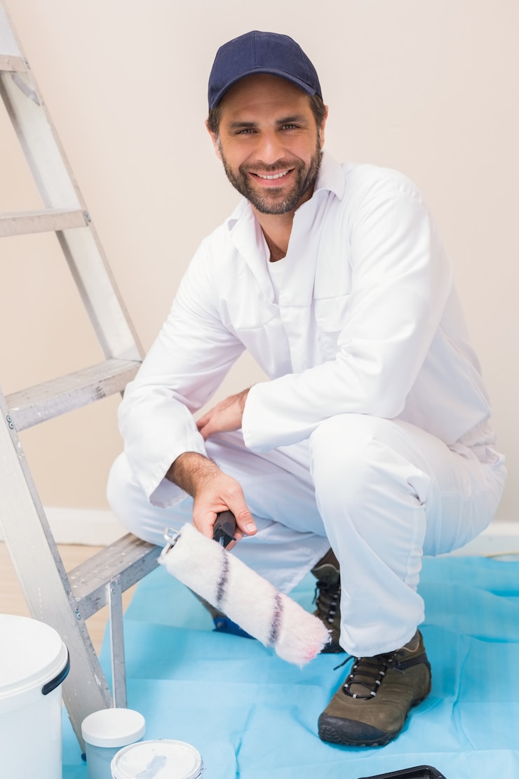 Foto pintor sonriendo a la cámara