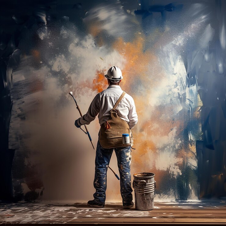 Un pintor trabajando con un rodillo y un cubo de pintura