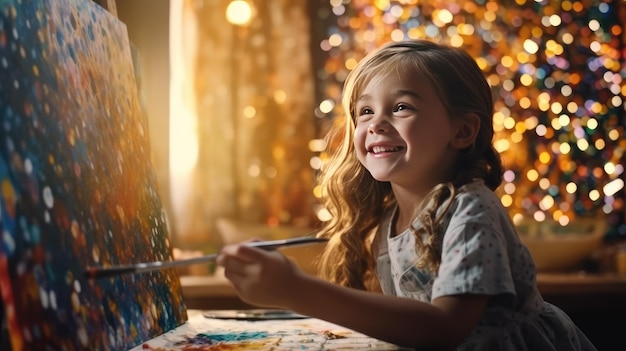 Pintora de menina senta-se à mesa e desenha imagens em tela em estúdio de arte, brilhos multicoloridos e fundo bokeh, artista de menina atraente feliz pinta imagem de obra-prima IA generativa