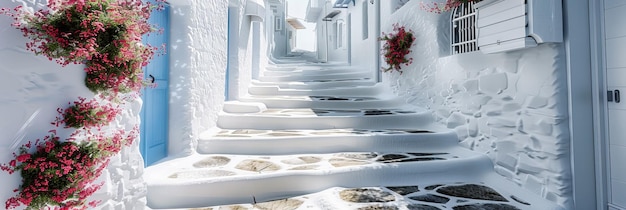 Foto pintoresca aldea griega con arquitectura tradicional de las cícladas con edificios blancos y acentos azules en medio del paisaje marítimo del egeo