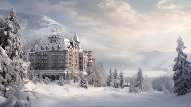 Pintoresca bela paisagem de inverno de montanhas e floresta vale coberto de neve com um grande hote