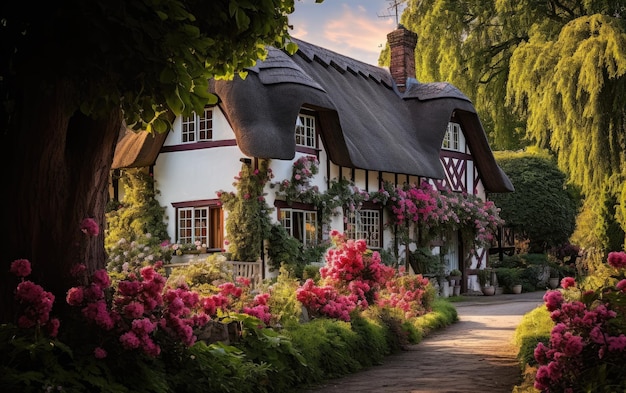 La pintoresca cabaña y el jardín de la manantial