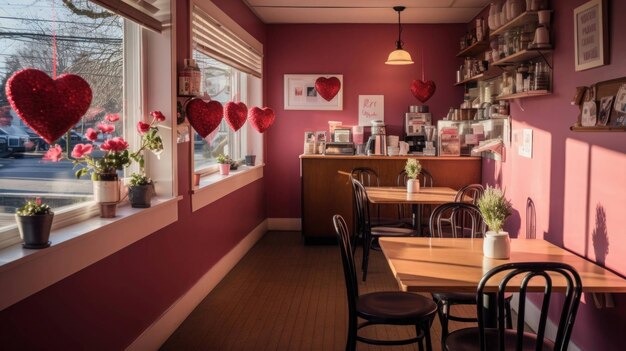 pintoresca cafetería con temática del Día de San Valentín adornada con decoraciones en forma de corazón