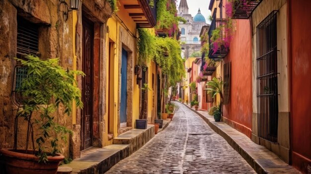 pintoresca calle adoquinada con un impresionante campanario de iglesia al fondo