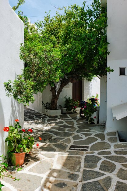 Foto la pintoresca calle de la ciudad de naousa en la isla de paros, grecia