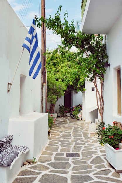 Pintoresca calle de la ciudad de Naousa en la isla de Paros, Grecia