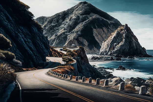 una pintoresca carretera costera con acantilados y vistas al océano que representan la belleza y la libertad de los viajes por carretera