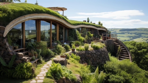 Una pintoresca casa con un techo verde vibrante en la cima de una pintoresca colina