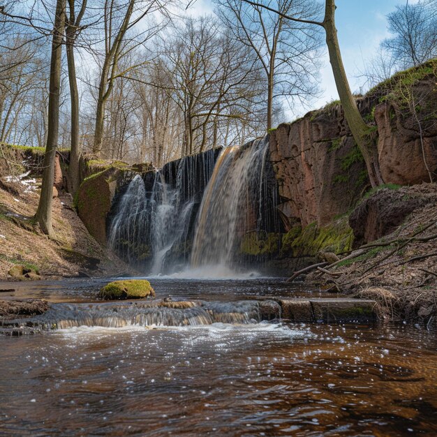 La pintoresca cascada en el paisaje del bosque de primavera