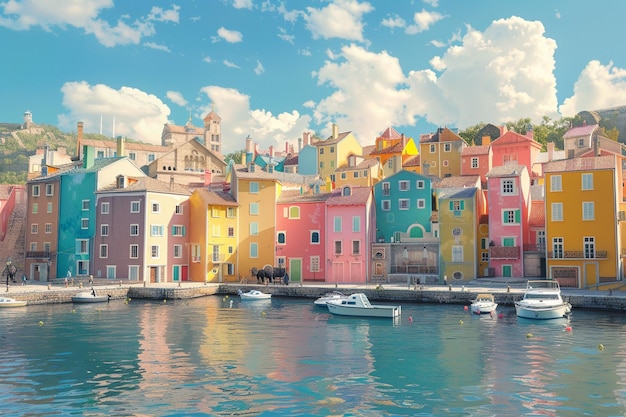 Una pintoresca ciudad costera con coloridos edificios