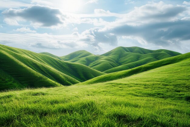 Una pintoresca escena de colinas verdes rodando bajo un cielo azul claro con nubes blancas esponjosas una escena tranquila de colinas cubiertas de hierba rodando en la distancia