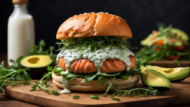 una pintoresca escena de una hamburguesa de salmón gourmet colocada artísticamente en una mesa de madera adornada con av