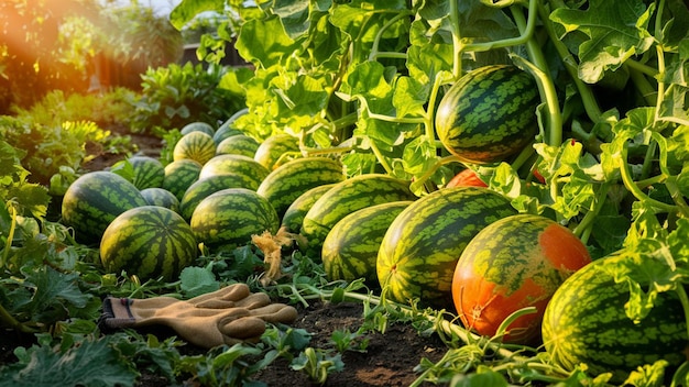 pintoresca escena del jardín que muestra una abundancia de sandías maduras y jugosas