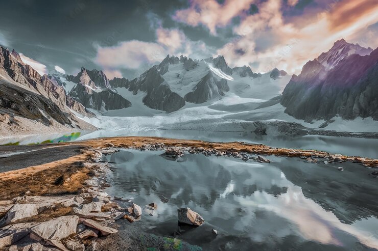Pintoresca escena de Lac Blanc en el fondo del glaciar Mont Blanc Ubicación complejo turístico de Chamonix