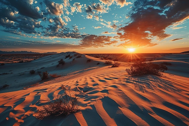 Foto pintoresca paisagem desértica com arbustos secos de areia ondulada e céu nublado ao pôr-do-sol