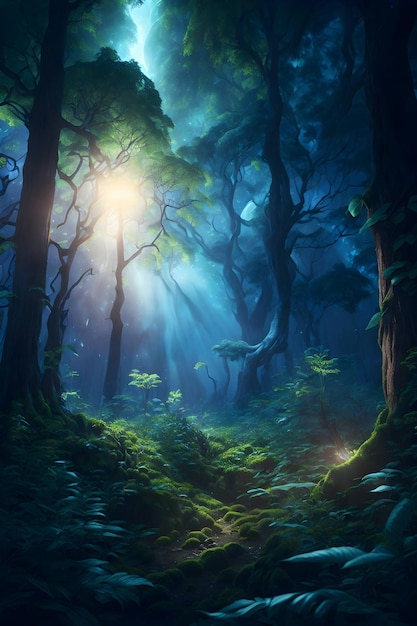 una pintoresca pintura digital hipnotizante que captura un bosque místico bañado en la etérea luz de la luna