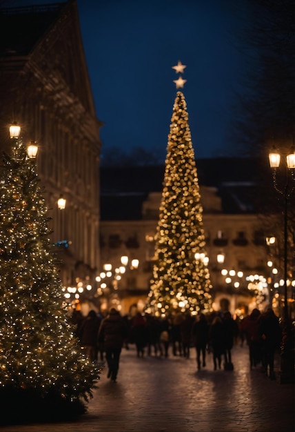 una pintoresca plaza de la ciudad llena de luces decoraciones y un gran árbol de Navidad