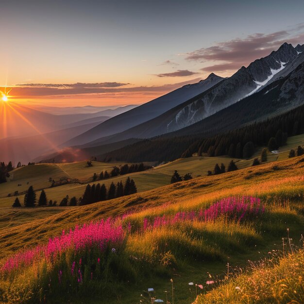 Pintoresca puesta de sol en las tierras altas alpinas Lugar de ubicación Montañas de los Cárpatos Europa Impresionante escena de verano en la luz de la mañana