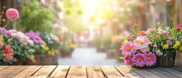 Pintoresca terraza de café con arreglos florales para el Día de la Madre