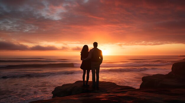 Una pintoresca toma que encarna la serenidad muestra a dos personas abrazándose amorosamente mientras el sol se levanta sobre el mar