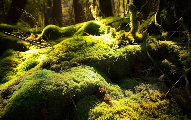 Pintoresca vida salvaje espesa del bosque Hermoso musgo verde en las piedras y raíces de los árboles
