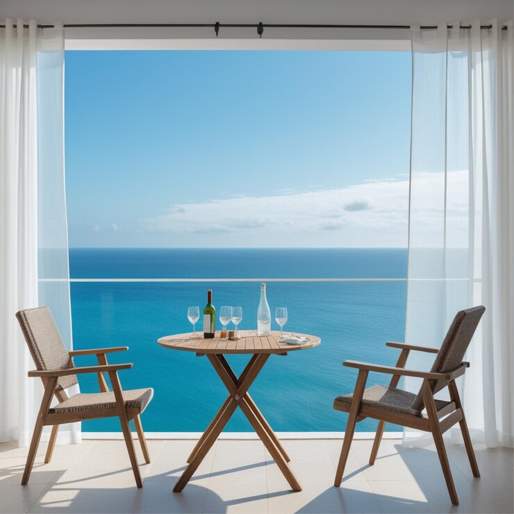 Pintoresca vista al océano desde el balcón moderno con configuración de vino