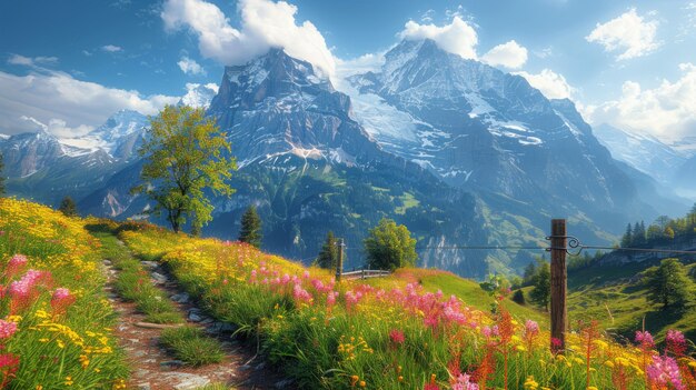 Pintoresca vista de verano de la aldea de Wengen con flores silvestres en flor y majestuosas montañas