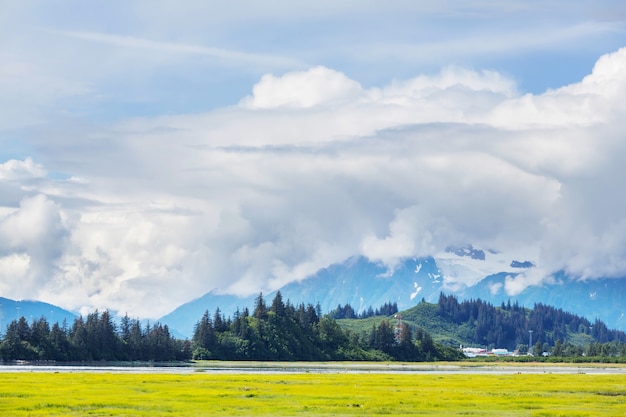 Pintorescas montañas de Alaska. Macizos nevados, glaciares y picos rocosos.