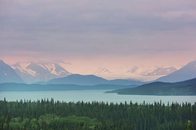 Pintorescas montañas de Alaska. Macizos nevados, glaciares y picos rocosos.