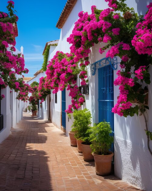 El pintoresco callejón del pueblo con muchas flores en maceta