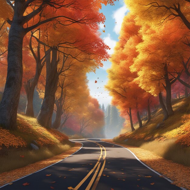 un pintoresco camino rural rodeado de árboles con coloridas hojas otoñales captura la sensación de aventura