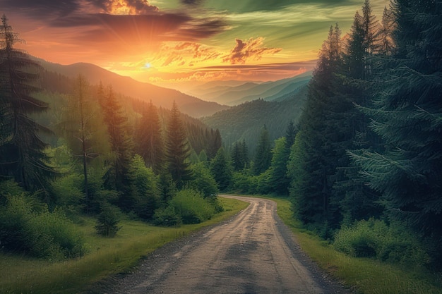 Pintoresco camino sinuoso a través de exuberantes montañas verdes al atardecer