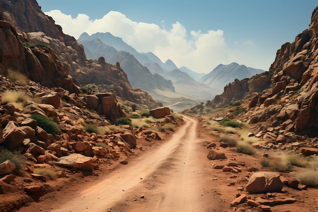 Un pintoresco camino de tierra que serpentea a través de majestuosas montañas y terreno rocoso