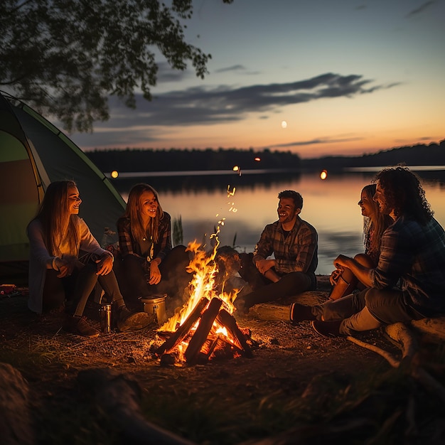 Un pintoresco campamento en la naturaleza con tiendas de campaña y fogata fotografía profesional