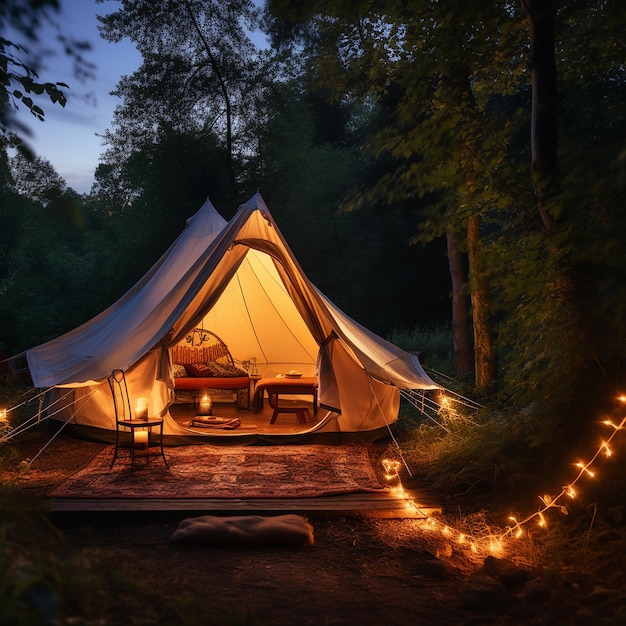 Un pintoresco campamento en la naturaleza con tiendas de campaña y fogata fotografía profesional